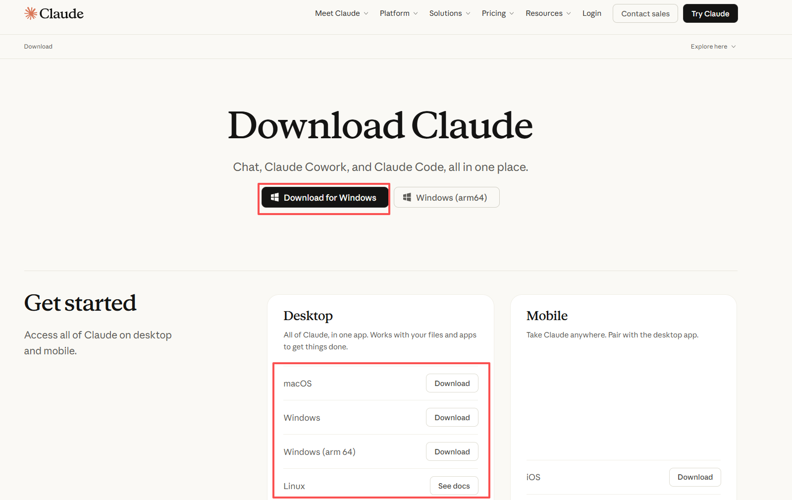 Claude Desktop 官方下载页面